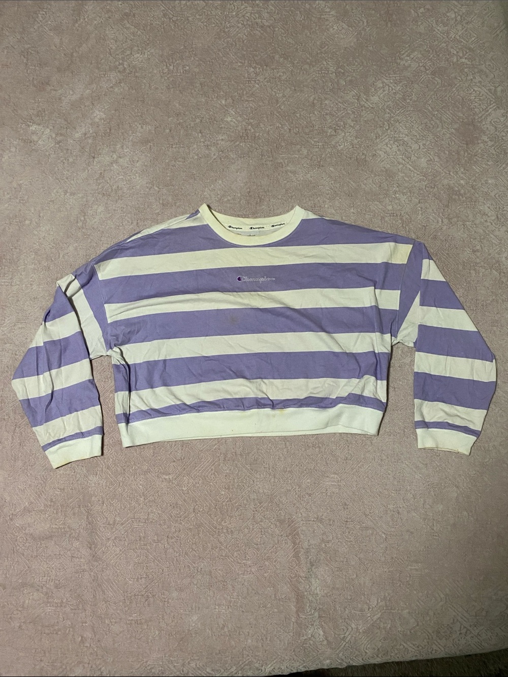 Champion Lavender & White Striped Cropped Crewneck Sweatshirt